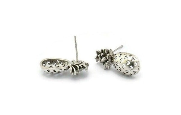 Silver Pineapple Earring, 4 Antique Silver Plated Brass Pineapple Stud Earrings (20x9mm) N1548