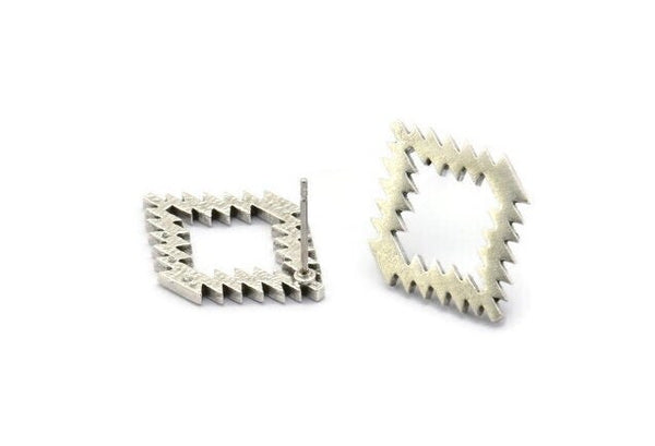 Earring Studs, 4 Antique Silver Plated Brass -  Brass Diamond Earrings - Brass Earrings - Earrings (22x16x1.5mm) N1541