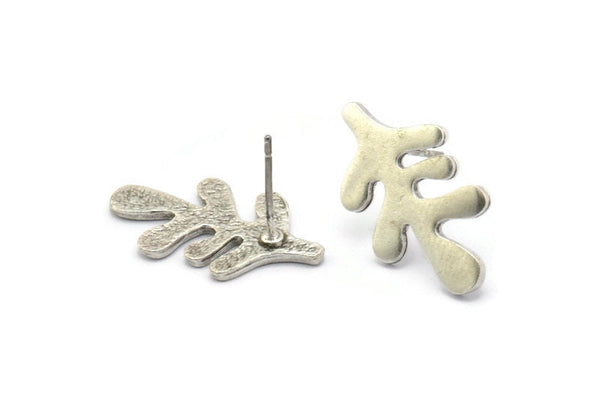 Silver Leaf Earring, 4 Antique Silver Plated Brass Leaf Stud Earrings, Findings (21x12x1.2mm) N1505