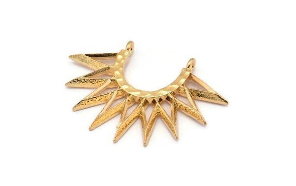 Gold Sunny Pendant, 2 Gold Plated Brass Sunny Ethnic Pendants With 2 Loops, Findings, Charms (35x26x2.4mm) E213 Q0564