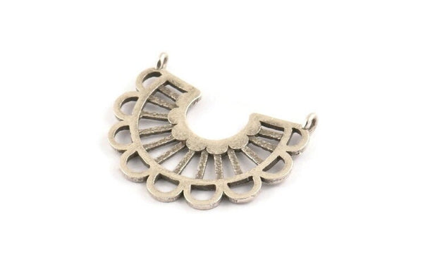 Silver Charm, 2 Antique Silver Plated Brass,  Semi Circle Charm, Silver Pendants With 2 Loops (30x24.5x1.1mm) E242