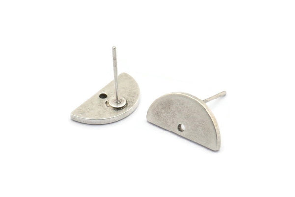 Silver Moon Earring, 6 Antique Silver Plated Brass Semi Circle Stud Earrings With 1 Hole (15x7.5x1.2mm) D1365 A1775 H0293
