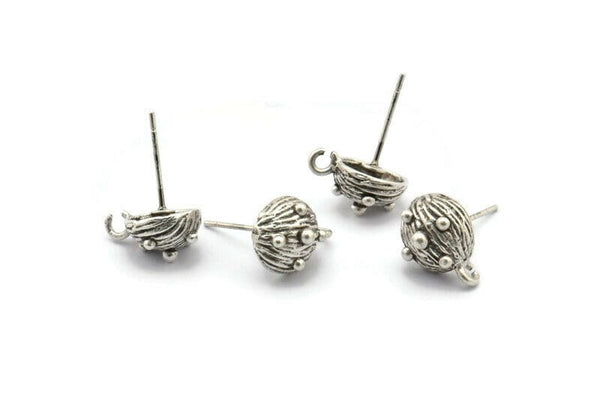 Silver Shell Earring, 4 Antique Silver Plated Brass Sea Shell Stud Earrings With 1 Loop, Findings (12x9mm) N1514