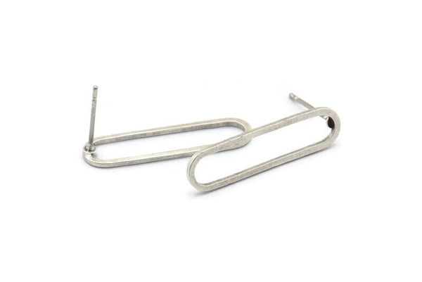 Silver Oval Earring, 10 Antique Silver Plated Brass Oval Stud Earrings (25x7x0.80mm) BS 1732 A2046 H0442