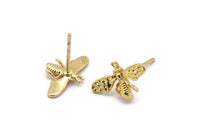 Gold Bee Earring, 8 Gold Plated Brass Bee Stud Earrings (15x9mm) N1183 Q1072