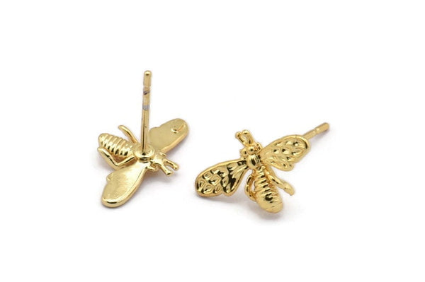 Gold Bee Earring, 8 Gold Plated Brass Bee Stud Earrings (15x9mm) N1183 Q1072