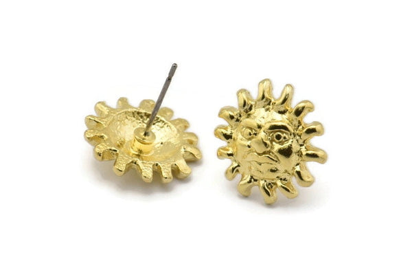 Brass Sun Earring, 4 Raw Brass Sun Stud Earrings (15mm) N1523