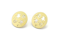 Brass Round Earring, 8 Raw Brass Star Patterned Round Shaped Stud Earrings (18x0.80mm) A2770