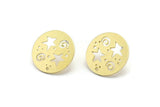 Brass Round Earring, 8 Raw Brass Star Patterned Round Shaped Stud Earrings (18x0.80mm) A2770