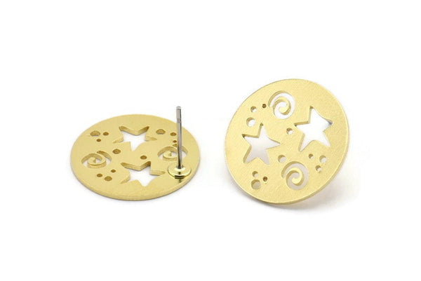 Brass Round Earring, 8 Raw Brass Star Patterned Round Shaped Stud Earrings (18x0.80mm) A2770