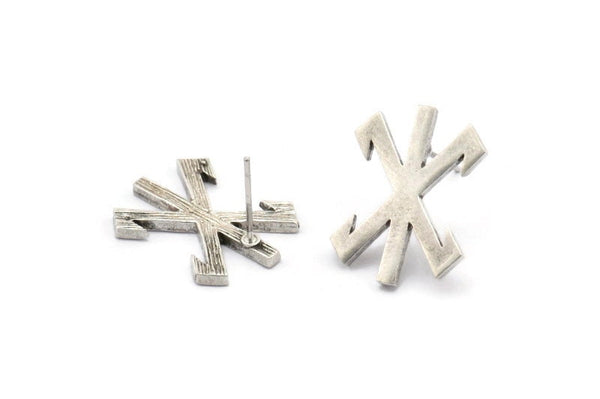 Earring Studs, 2 Antique Silver Plated Brass - Silver Earrings - Earrings (20x15x1.5mm) N1540