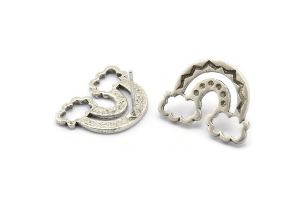 Earring Studs, 2 Antique Silver Plated Brass - Silver Earrings - Earrings (20x15x1.5mm) N1535 H0962