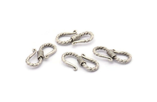 Silver Textured Hooks, 5 Antique Silver Plated Brass Textured Hooks With 2 Loops (20x10x3mm) BS 2397 H1381