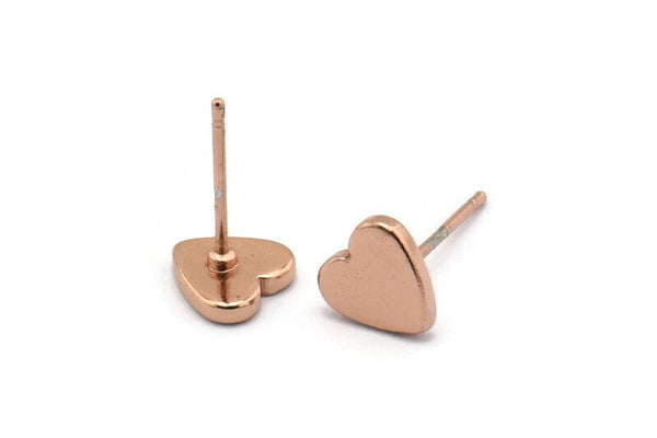 Rose Gold Heart Earring, 6 Rose Gold Plated Brass Heart Stud Earrings (8mm) D1459