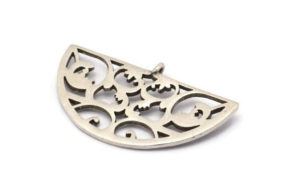 Silver Half Moon Pendant, 2 Antique Silver Plated Brass Semi Circle Pendants With 1 Loop (37x22x1mm) E663