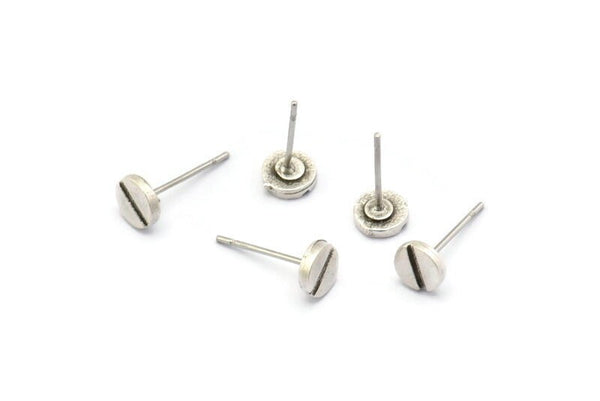 Silver Round Earring, 12 Antique Silver Plated Brass Screw Shape Round Stud Earrings (6x1.2mm) N1652