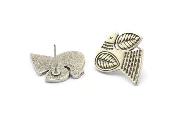 Silver Bird Earring, 2 Antique Silver Plated Brass Bird Stud Earrings (19x17x1.2mm) N1690