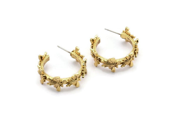 Gold Bee Earring, 2 Gold Plated Brass Bee Stud Earrings (26x11x3mm) N1750