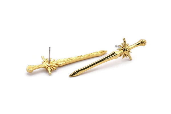 Gold Sword Earring, 2 Gold Plated Brass Sword Stud Earrings (43x12mm) N1624 H0910