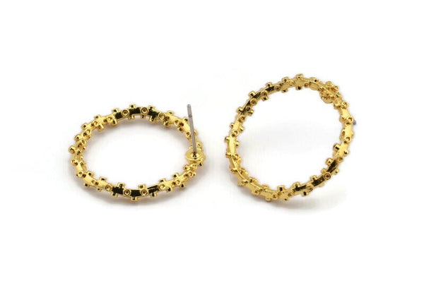 Gold Circle Earring, 2 Gold Plated Brass Wavy Circle Stud Earrings (24x3mm) N1679