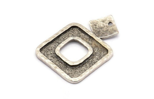 Antique Silver Square Pendant, 2 Antique Silver Plated Brass Hammered Square Pendants With 1 Hole, Findings (36x24.5x1.7mm) U140 H0435