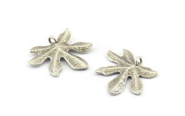 Silver Leaf Charm, 4 Antique Silver Plated Brass Leaf Pendants With 1 Loop, Findings (26x20x2mm) U142