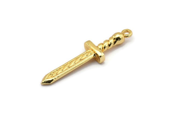 Gold Knife Charm, 2 Gold Plated Brass Knife Charms With 1 Loop, Pendants, Findings (36x9x4mm) N1640