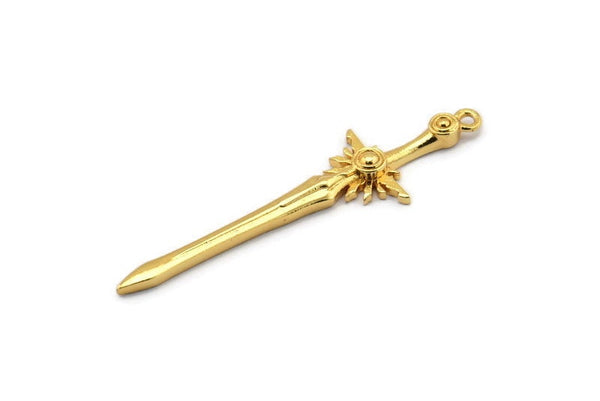 Gold Sword Charm, 2 Gold Plated Brass Sword Charms With 1 Loop, Earrings, Charms Pendants, Findings (46x12mm) N1625 Q0794