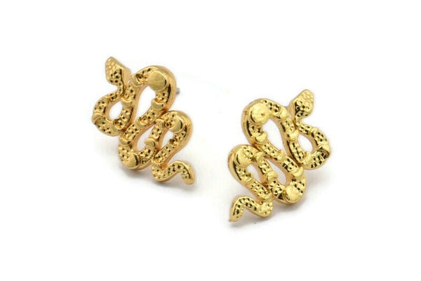 Gold Snake Earring, 2 Gold Plated Brass Snake And Moon Phases Stud Earrings (19x12x2mm) N1611 H0975