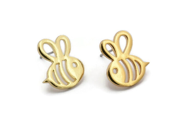 Gold Bee Earring, 2 Gold Plated Brass Bee Stud Earrings (17x15x1.2mm) N1745