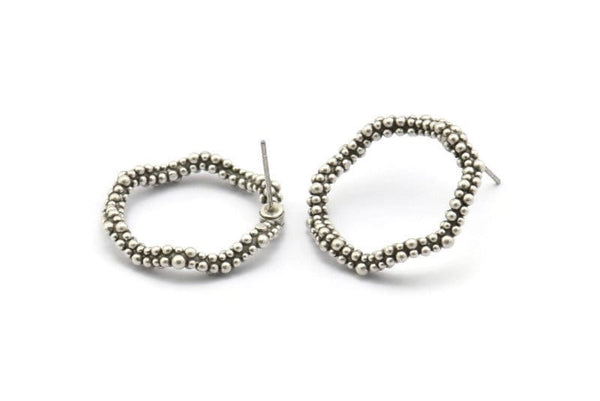 Silver Circle Earring, 2 Antique Silver Plated Brass Wavy Circle Stud Earrings (24x3mm) N1696