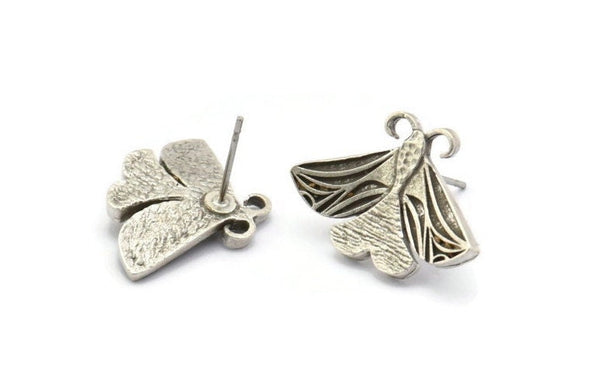 Silver Butterfly Earring, 2 Antique Silver Plated Brass Butterfly Stud Earrings (15x22x2mm) N1741