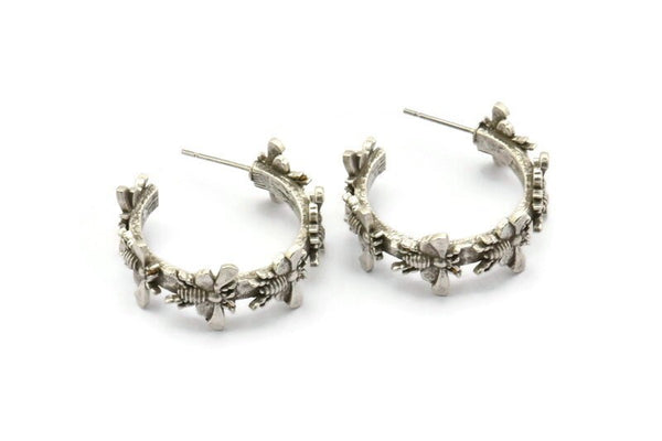 Silver Bee Earring, 2 Antique Silver Plated Brass Bee Stud Earrings (26x11x3mm) N1750