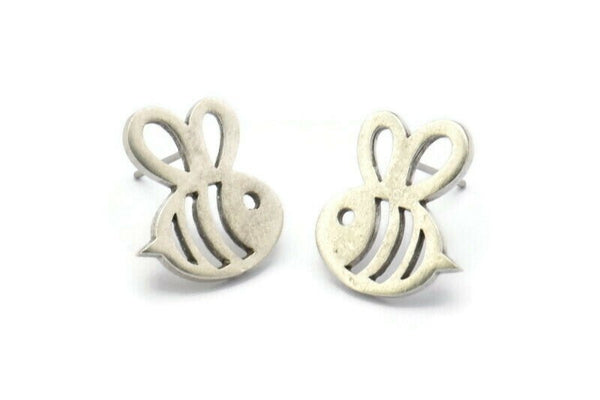 Silver Bee Earring, 4 Antique Silver Plated Brass Bee Stud Earrings (17x15x1.2mm) N1745