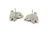 Silver Bird Earring, 2 Antique Silver Plated Brass Bird Stud Earrings (19x16x1.5mm) N1715