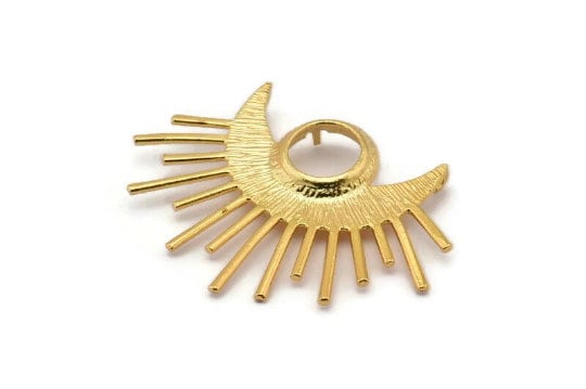 Moon and Sun, 1 Gold Plated Brass Crescent Moon and Semi Sun Ethnic Pendant With 2 Loops and 11mm Pad, Charms (47x33x1.2mm) BS 1952