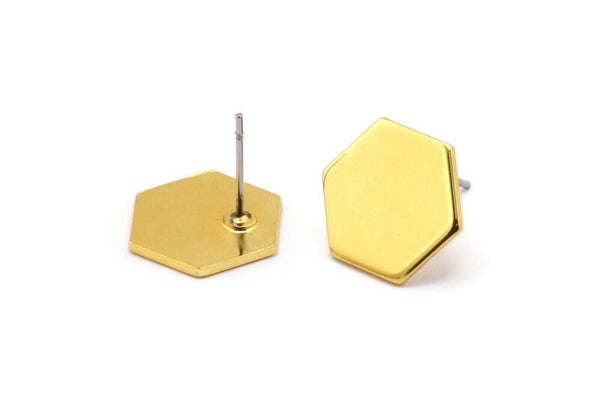 Gold Hexagon Earring, 4 Gold Plated Brass Hexagon Stud Earrings (12.5x1mm) A0959 A1669