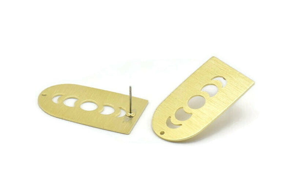 Brass Stud Earring, 2 Textured Raw Brass Moon Phases D Shaped Stud Earrings With 1 Hole (35x20x0.80mm) M03203 A2598