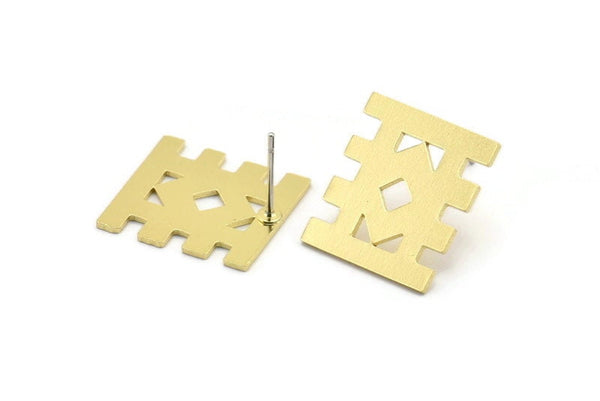 Earring Studs, 8 Raw Brass - Ethnic Motif Shaped Stud Earrings - Brass Earrings - Earrings (18x16x0.80mm) A2806