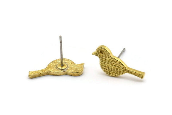 Brass Bird Earring, 8 Raw Brass Bird Stud Earrings (18x7x1.2mm) N1669