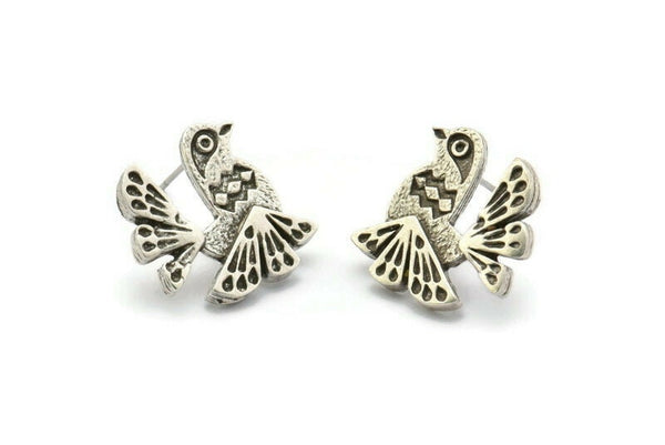 Silver Bird Earring, 2 Antique Silver Plated Brass Bird Stud Earrings (19x18x2mm) N1671