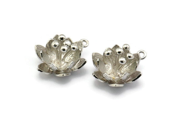 Silver Flower Pendant, 2 Silver Tone Lotus Flower Pendant With 1 Loop, Earring Findings (22.5x17x13mm) BS 1909 H0321