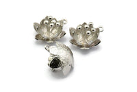 Silver Flower Pendant, 2 Silver Tone Lotus Flower Pendant With 1 Loop, Earring Findings (22.5x17x13mm) BS 1909 H0321
