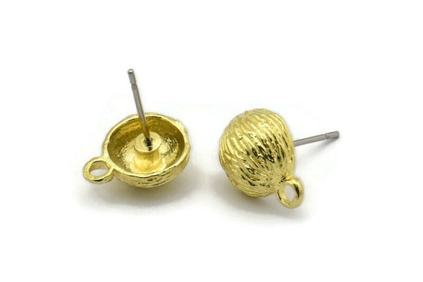 Brass Shell Earring, 6 Raw Brass Sea Shell Stud Earrings With 1 Loop, Findings (13x10mm) N1445