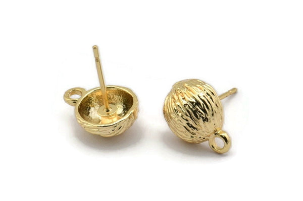 Gold Shell Earring, 4 Gold Plated Brass Sea Shell Stud Earrings With 1 Loop, Findings (13x10mm) N1445