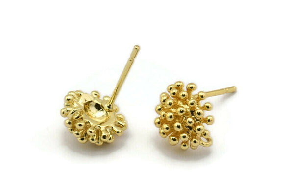 Gold Flower Earring, 4 Gold Plated Brass Taraxacum Stud Earrings With 1 Loop (10mm) N1177