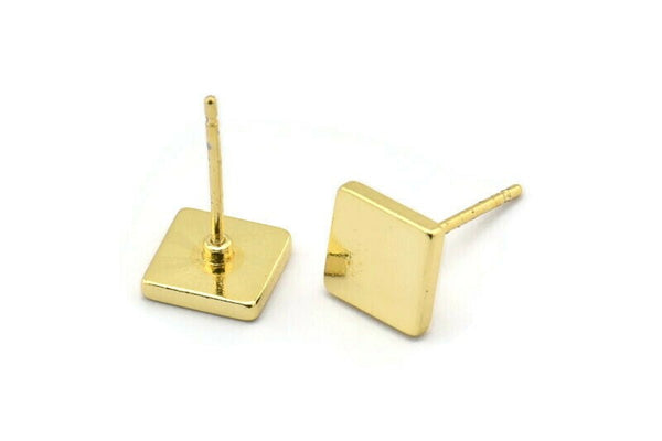 Gold Square Earring, 4 Gold Plated Brass Square Stud Earrings (8mm) D1462