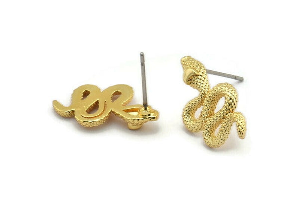 Gold Snake Earring, 4 Gold Plated Brass Snake And Moon Stud Earrings (20x11x3mm) N1612 Q0730
