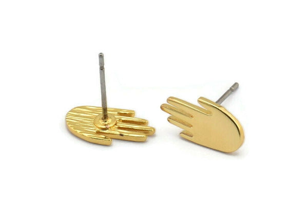 Gold Hand Earring, 6 Gold Plated Brass Hand Stud Earrings (12x7x1mm) N1610 Q0218