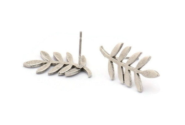 Silver Leaf Earring, 4 Antique Silver Plated Brass Leaf Stud Earrings, Findings (23x12x1.2mm) N1631 H1506